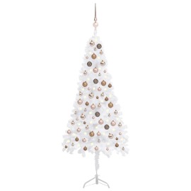vidaXL Rohový umelý vianočný stromček s LED a guľami biely 150cm PVC