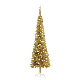 vidaXL Úzky vianočný stromček s LED a sadou gulí zlatý 240cm