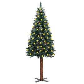 vidaXL Úzky vianočný stromček s LED drevom a snehom zelený 180cm