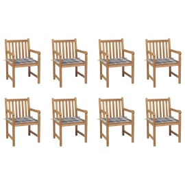 vidaXL Záhradné stoličky 8 ks so sivými kockovanými podložkami tíkový masív