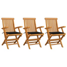 vidaXL Záhradné stoličky, čierne podložky 3 ks, tíkový masív