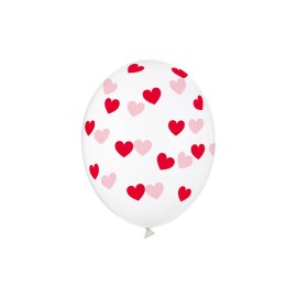 Party Deco Číre balóny so srdiečkami - Crystal Clear - 30cm, 6ks Červená