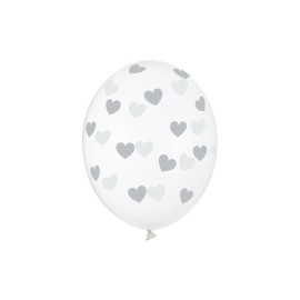 Party Deco Číre balóny so srdiečkami - Crystal Clear - 30cm, 6ks Strieborná