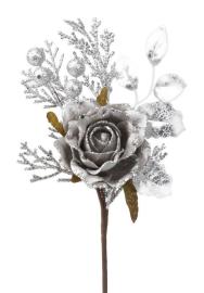 MagicHome Vetvička s ružou, sivá, 26cm,