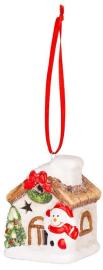 MagicHome Dekorácia Vianoce, Domček so snehuliakom, LED, terakota, závesný, 5,8x5x7 cm
