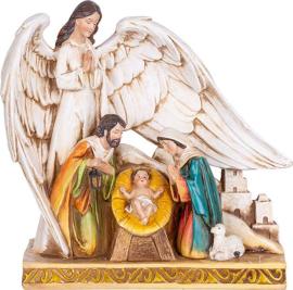MagicHome Dekorácia Vianoce, Svätá rodinka pod krídlami anjela, polyresin, 21,5 cm