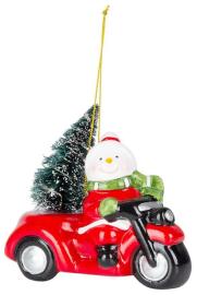MagicHome Dekorácia Vianoce, Snehuliak v aute, LED, terakota, 12,5x6x11,8 cm