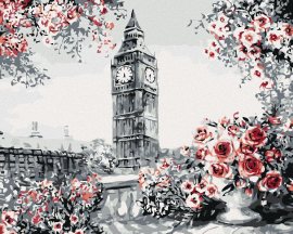 Zuty Big Ben obklopený ružami, 80x100cm plátno napnuté na rám