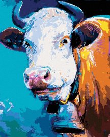 Zuty Krava na modrom pozadí, 80x100cm plátno napnuté na rám