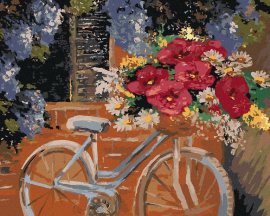 Zuty Bicykel s kyticou kvetov, 40x50cm plátno napnuté na rám