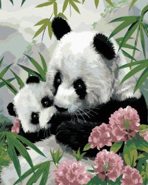 Zuty Maľovanie podľa čísel - Panda s mláďaťom a ružové kvety (Howard Robinson), 80 x 100 cm, bez rámu a bez napnutia plátna