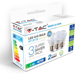 V-Tac LED žiarovka E27 5,5W 470lm G45 3PACK 2700K