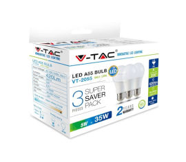 V-Tac LED žiarovka E27 5W 420lm A55 3PACK 2700K